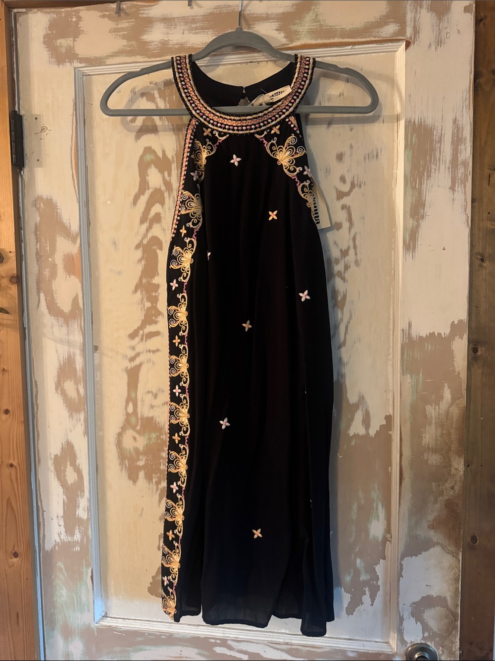 Savanna Jane Black Embroidered Halter Maxi Dress with Gold Trim